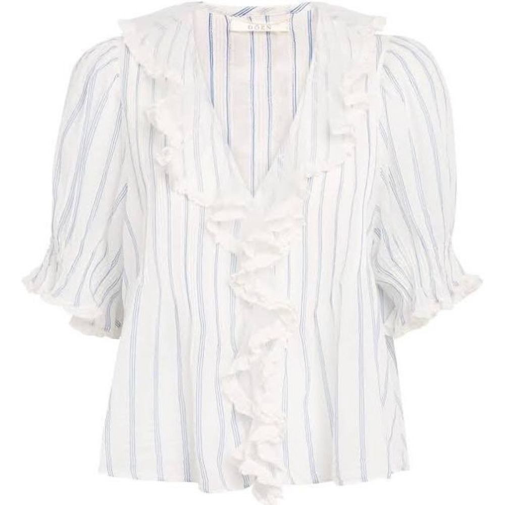 DOEN Henri Top Striped Ruffle Blouse Blue White Small New With Tags